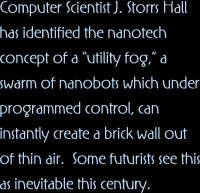 Computer Scientist J. Storrs Hall has identified the nanotech concept of a &ldquo;utility fog,&rdquo; a swarm of nanobots which under programmed control, can instantly create a brick wall out of thin air.  Some futurists see this as inevitable this century